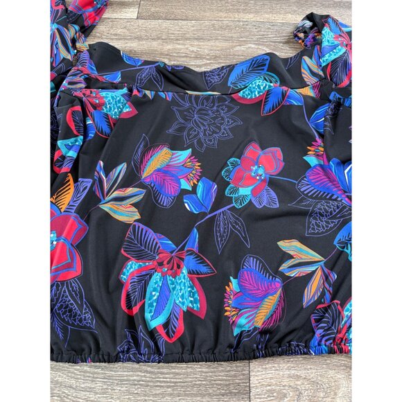 IMAN CASUAL BLACK FLORAL TIE FRONT CROPPED TOP LONG SLEEVE COLLARED WOMENS XLP - Picture 6 of 9